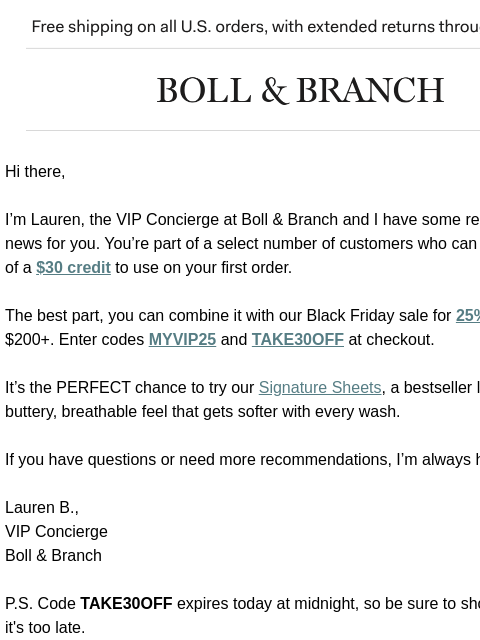 bollandbranch newsletter: Today Only: $30 off + 25% off