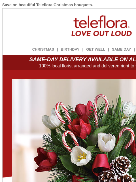 Save on beautiful Teleflora Christmas bouquets. View in browser ‌ teleflora CHRISTMAS | BIRTHDAY | GET WELL | SAME DAY | DEAL OF THE DAY SAME-DAY DELIVERY AVAILABLE ON ALL BOUQUETS! 100% local florist