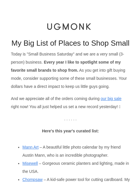 ugmonk newsletter: My big list of places to shop small 🏡