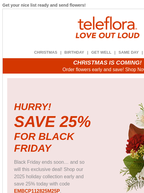 teleflora newsletter: Hours Left for Black Friday ⏰ 25% Off Holiday Flow...