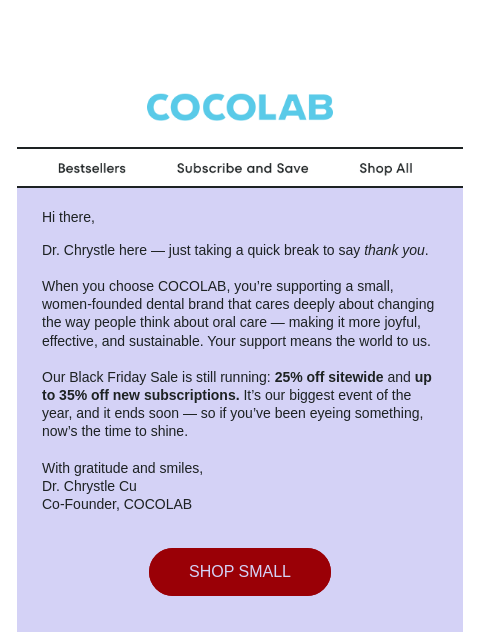 cocolab newsletter: Black Friday, shop small, smile more