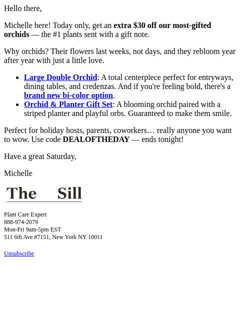 thesill newsletter: EXTRA $30 OFF orchids today only!