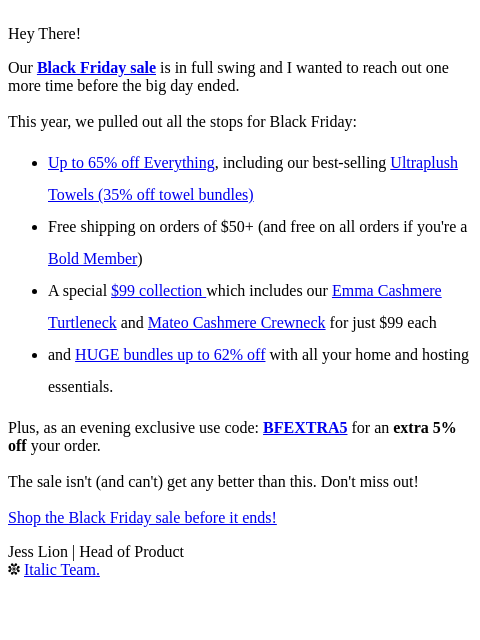 italic newsletter: re: Up to 65% off + Extra 5% off