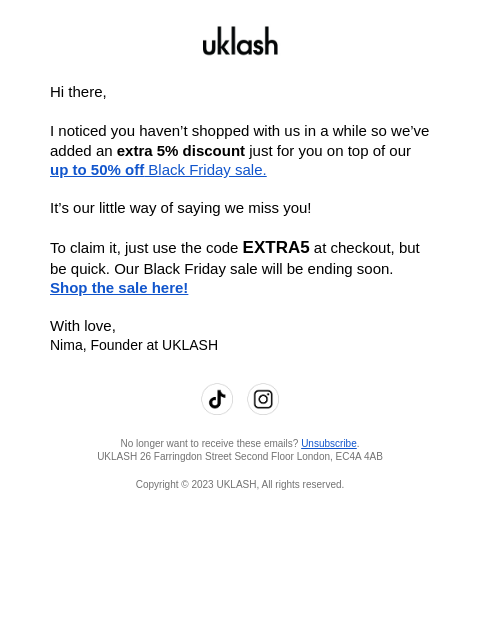 uklash newsletter: Up to 50% off + An EXTRA 5% OFF just for you  💌