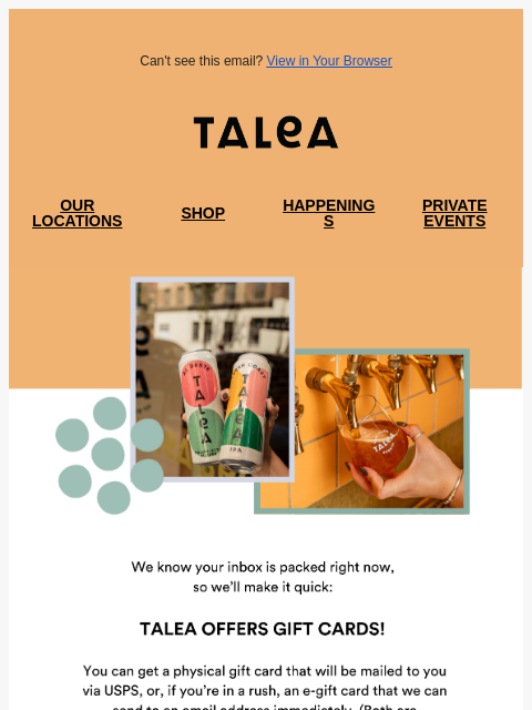 taleabeer newsletter: Don’t stress–we’ve got gift cards!