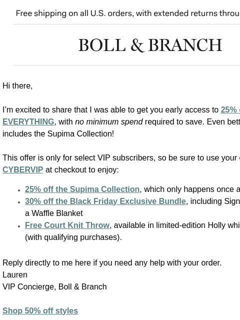 bollandbranch newsletter: Just for you: 25% off EVERYTHING with no min. spen...
