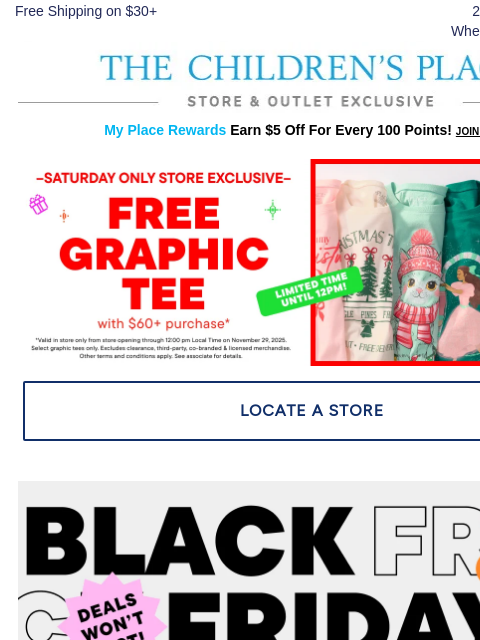 childrensplace newsletter: OPEN–NOON ONLY! FREE Tee with $60+ purchase 👕💙