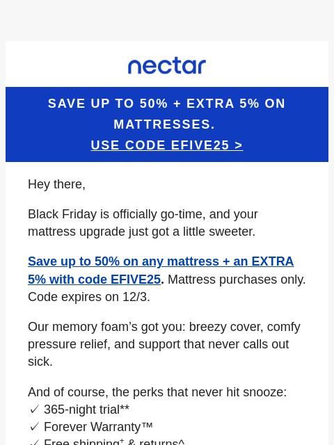 nectarsleep newsletter: Black Friday beds = up to 50% saved + EXTRA 5% ⚡