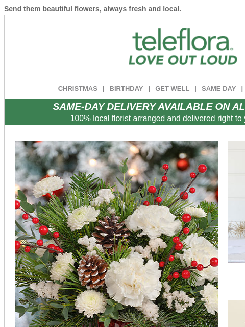 Send them beautiful flowers, always fresh and local. View in browser ‌ teleflora CHRISTMAS | BIRTHDAY | GET WELL | SAME DAY | DEAL OF THE DAY SAME-DAY DELIVERY AVAILABLE ON ALL BOUQUETS! 100% local