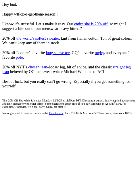 ayr newsletter: 20% OFF MENSWEAR HEAVY HITTERS (🎁 time)