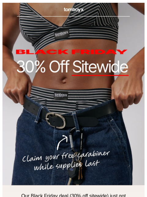 tomboyx newsletter: 30% off sitewide + free tomboyx carabiner