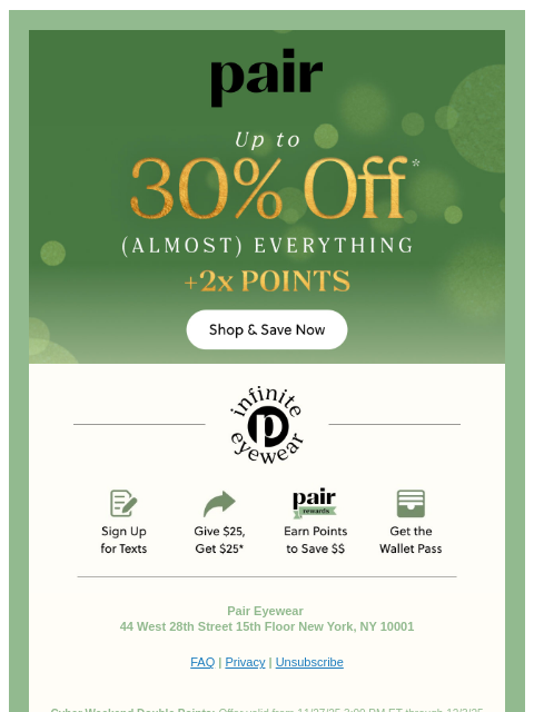 paireyewear newsletter: 2X POINTS ➕ 30% OFF