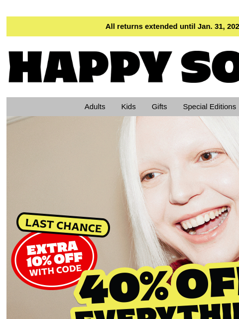 happysocks newsletter: Last Chance! 40% Off Everything + 10% Bonus Ends T...