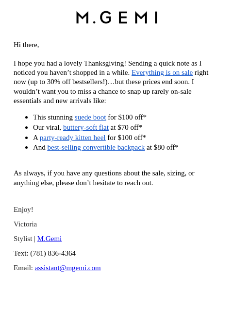 mgemi newsletter: Re: M.Gemi’s Black Friday Sale