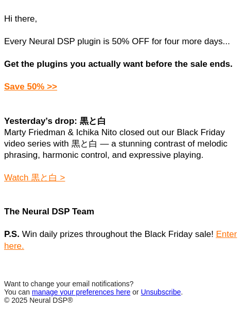 neuraldsp newsletter: Few days left. Every plugin is still 50% OFF.