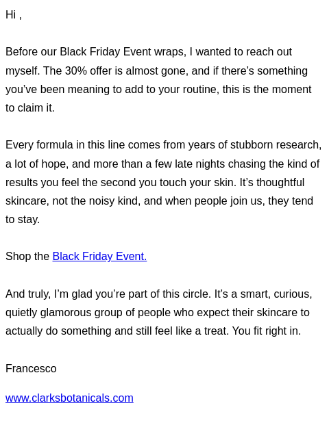 clarksbotanicals newsletter: Final chance for 30% off full-size