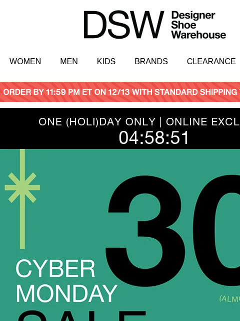 dsw newsletter: HUUURRY–30% OFF ENDS SOON 📱🛍️