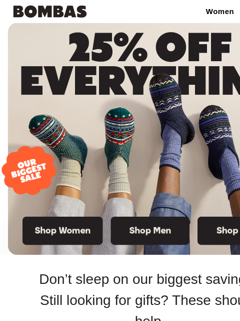 bombas newsletter: OUR BIGGEST SALE: 25% Off Everything