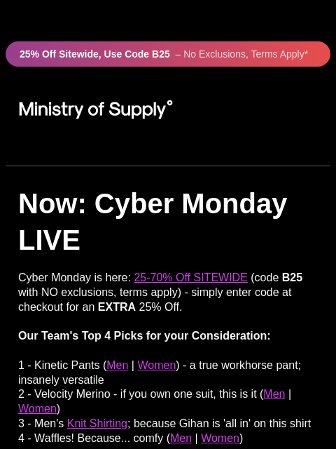 ministryofsupply newsletter: The Promotion for CYBER MONDAY