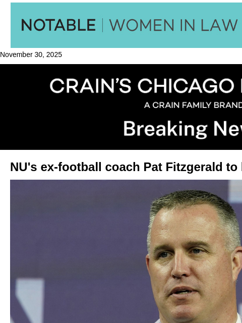 crainalerts newsletter: NU's ex-coach Fitzgerald to land at Michigan State