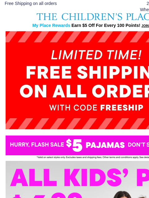 childrensplace newsletter: Today Only! ⏰ $5 PJs + FREE SHIPPING w/ Code FREES...