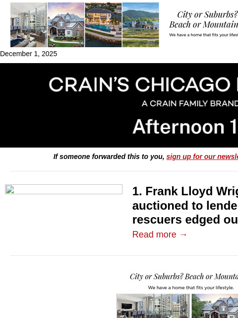 crainalerts newsletter: Frank Lloyd Wright home auctioned to lender