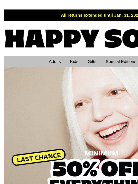 happysocks newsletter: Cyber Monday—Minimum 50% OFF Everything! 💥