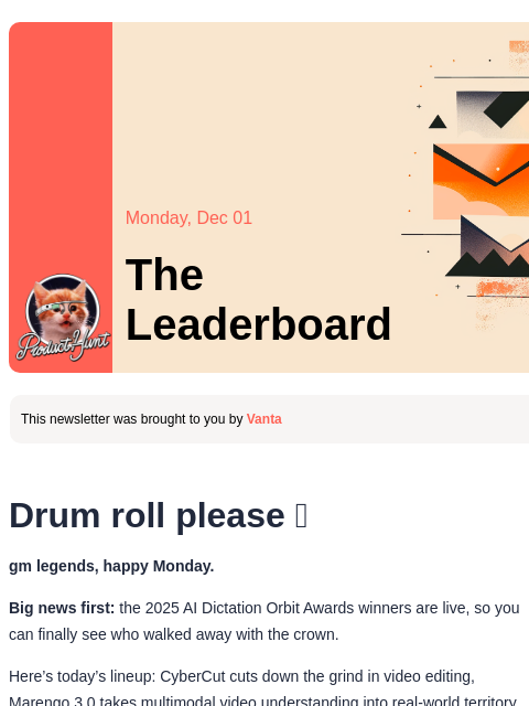 producthunt newsletter: 😸 And the winners are...