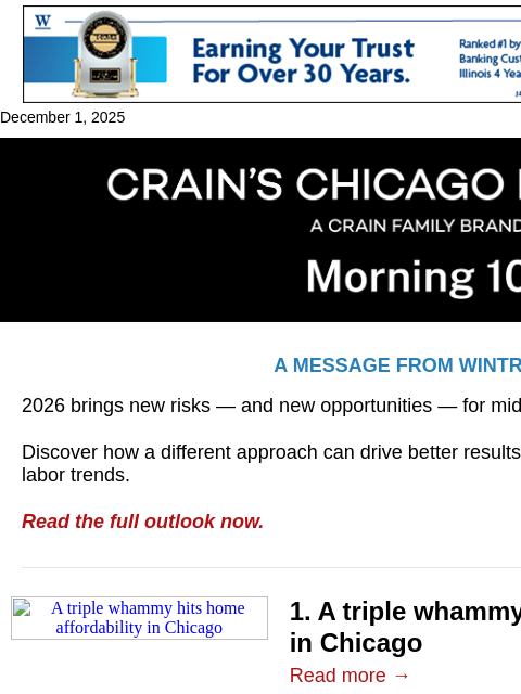 crainalerts newsletter: Triple whammy for Chicago home affordability