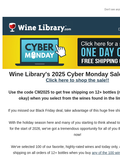 winelibrary newsletter: Cyber Monday Free Shipping on our Top 100 Wines!