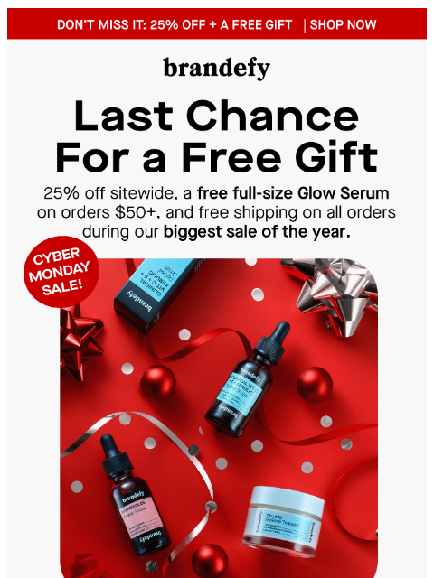 brandefyskin newsletter: 🚨CYBER MONDAY: 25% OFF + FREE GIFT