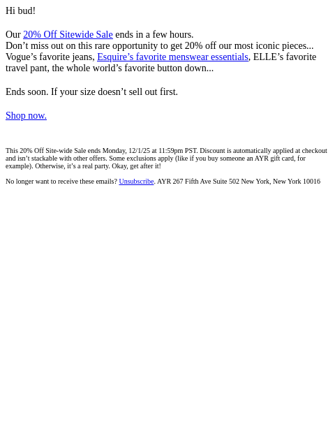 ayr newsletter: 20% off... Final hours