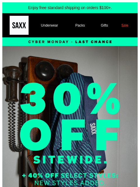 saxxunderwear newsletter: Minimum 30% off sitewide ends TONIGHT 🚨