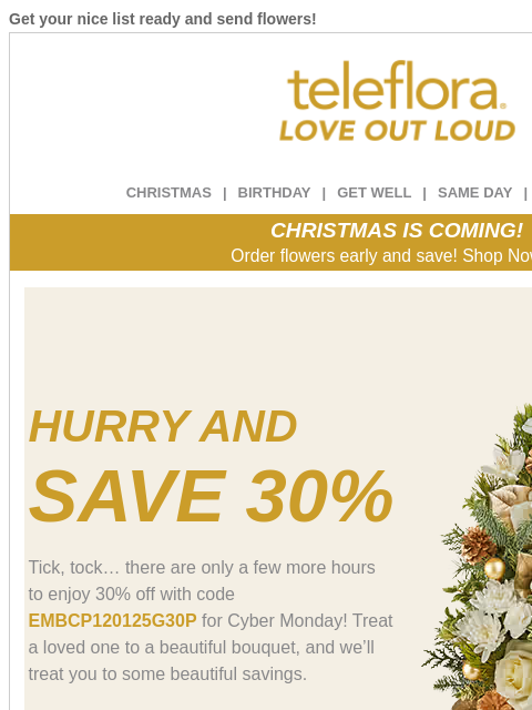 teleflora newsletter: 30% Off | Gorgeous Christmas Flowers and Trees ❤️�...