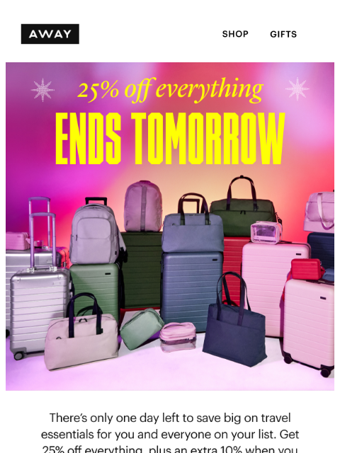 awaytravel newsletter: Departs tomorrow: 25% off everything