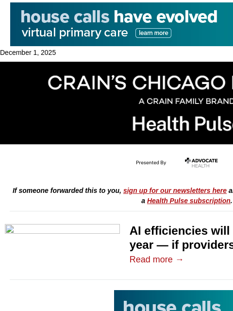 crainalerts newsletter: Health care AI to take hold in 2026