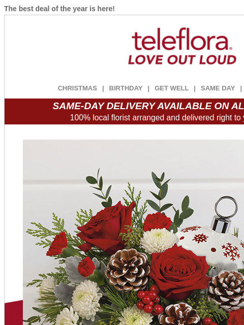 The best deal of the year is here! View in browser ‌ teleflora CHRISTMAS | BIRTHDAY | GET WELL | SAME DAY | DEAL OF THE DAY SAME-DAY DELIVERY AVAILABLE ON ALL BOUQUETS! 100% local florist arranged and