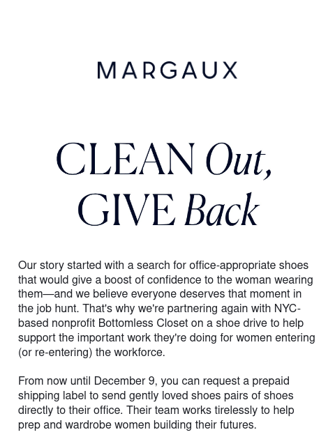 margauxny newsletter: Help us donate work-ready shoes