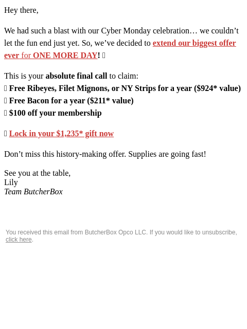 butcherbox newsletter: Missed Cyber Monday?🥩🥓 Get $100 off NOW