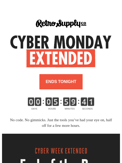 retrosupply newsletter: 50% off. New products.