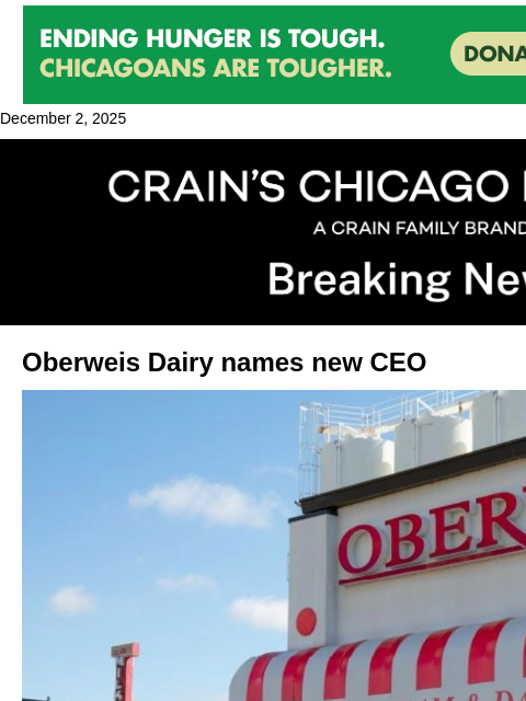 crainalerts newsletter: Oberweis Dairy names new CEO