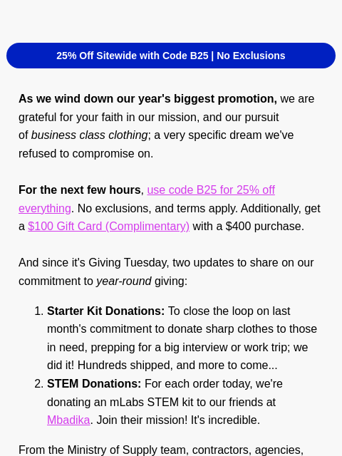 ministryofsupply newsletter: FINAL CALL (and giving thanks)