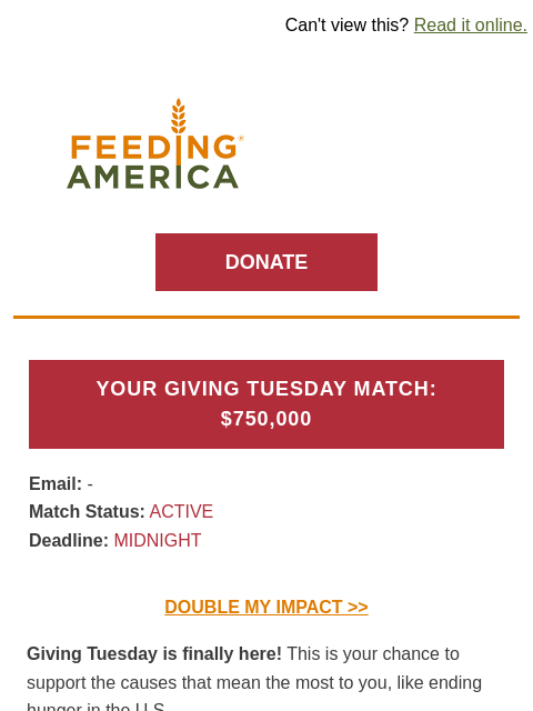 feedingamerica newsletter: Giving Tuesday: $1 = 20 meals for a limited time