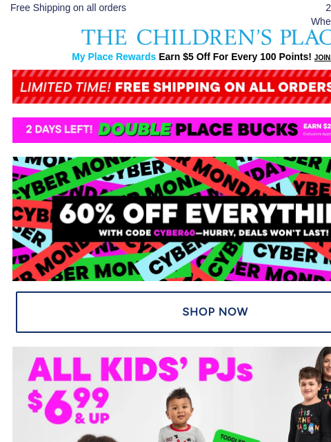 childrensplace newsletter: FINAL HOURS⏰60% Off + FREE SHIPPING w/code FREESHI...