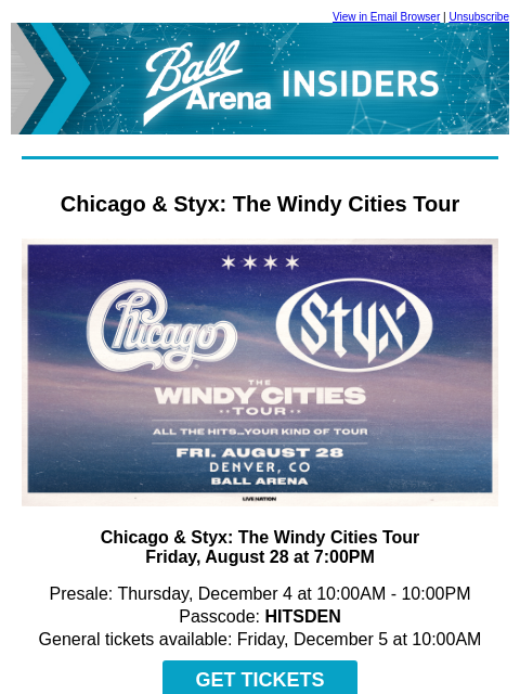 kroenkeentertainment newsletter: Chicago & Styx are coming to Ball Arena!