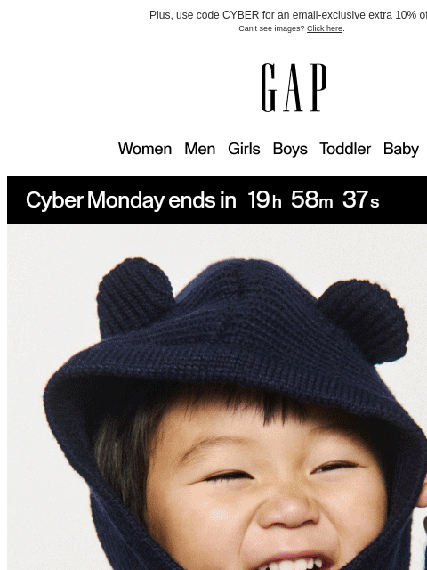 gap newsletter: 50% off everything + 60% off Cyber deals end tonig...