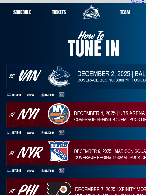 thecoloradoavalanche newsletter: Tune In as the Avalanche take on the Canucks, Isla...