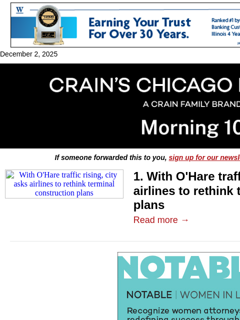 crainalerts newsletter: O'Hare construction faces another hurdle
