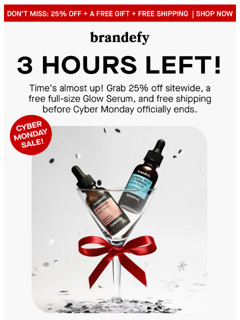 brandefyskin newsletter: 3 MORE HOURS: 25% OFF + FREE GIFT