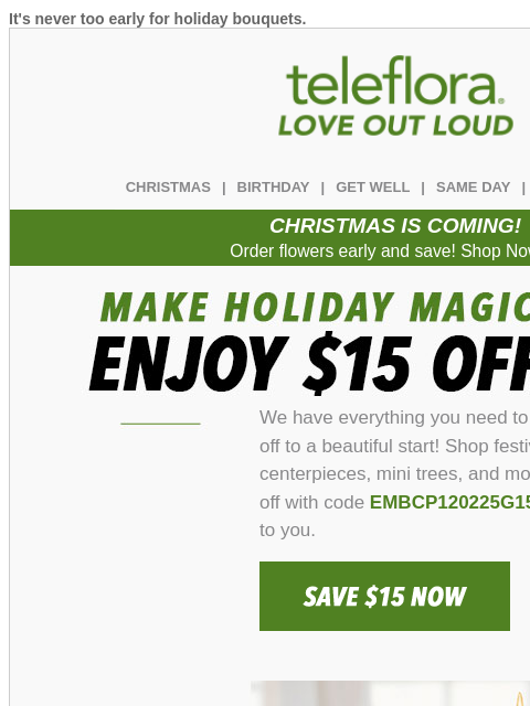 teleflora newsletter: $15 Off Festive Bouquets, Centerpieces, Wreaths & ...